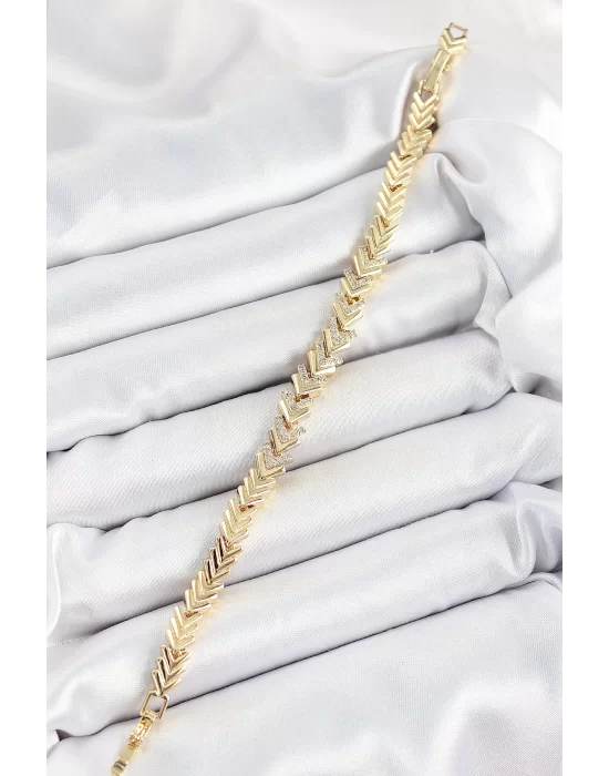 Pirinç Sıralı Ok Model Zirkon Taşlı Gold Renk VİP Seri Kadın Bileklik
