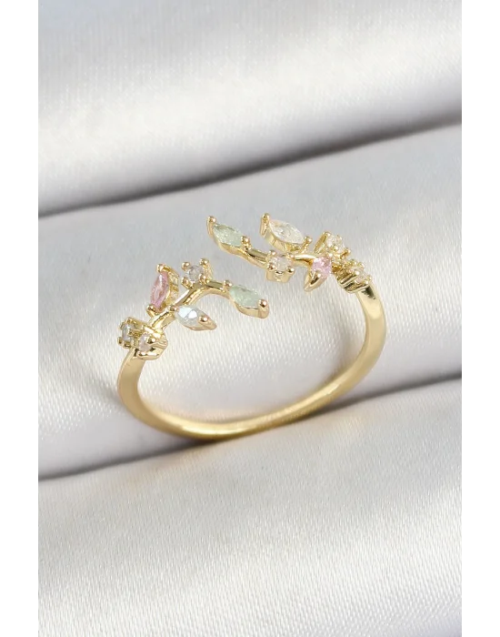 Pirinç Yaprak Figürlü Zirkon Taşlı Gold Renk Ayarlanabilir Kadın Yüzük
