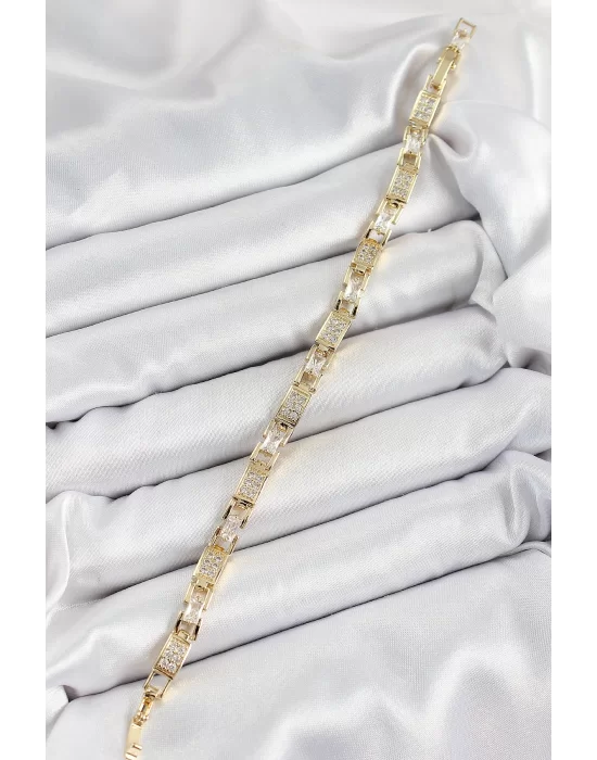 Pirinç Zincir Model Zirkon Taşlı Gold Renk VİP Seri Kadın Bileklik