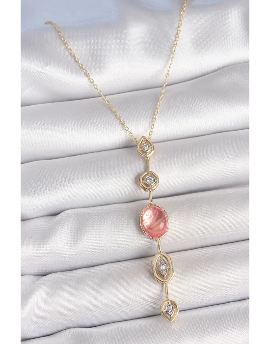 Pirinç Zincir Pembe Gold Renk Zirkon Taşlı Y Kolye