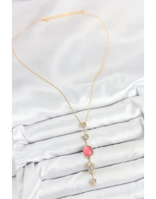 Pirinç Zincir Pembe Gold Renk Zirkon Taşlı Y Kolye