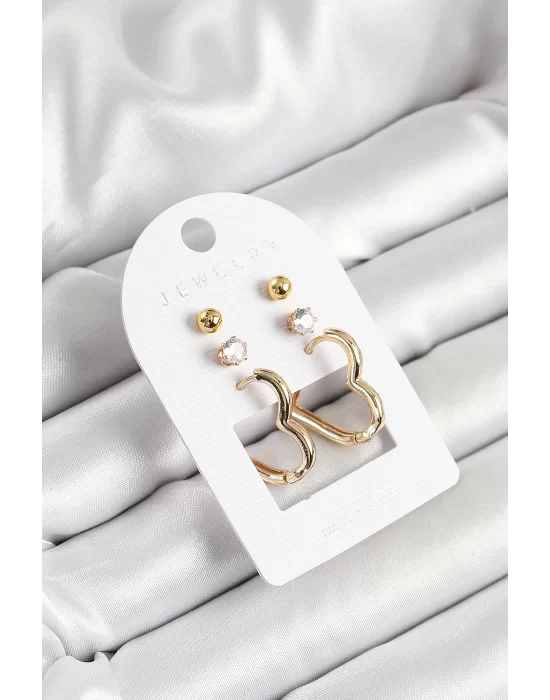 Pirinç Zirkon Taş Ve Kalp Figürlü Gold Renk 3lü Çift Kadın Küpe Set