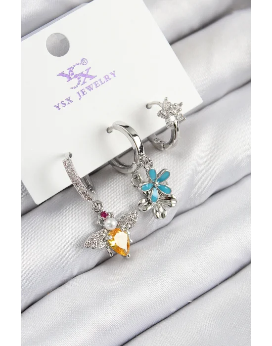 Pirinç Zirkon Taşlı 3lü Arı Ve Çiçek Model Gümüş Renk Kadın Küpe