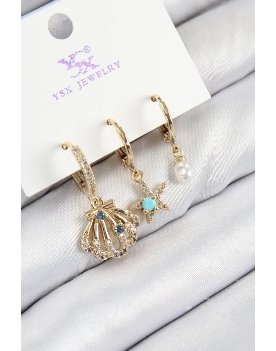 Pirinç Zirkon Taşlı 3lü İstiridye Ve Yıldız Model Gold Renk Kadın Küpe