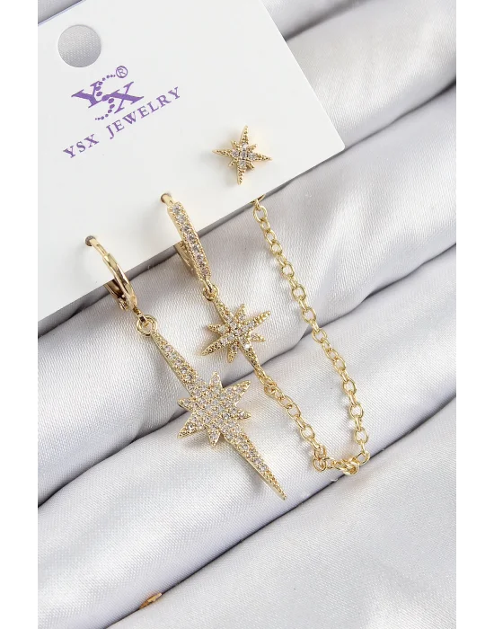 Pirinç Zirkon Taşlı 3lü Kutup Yıldızı Model Gold Renk Kadın Küpe