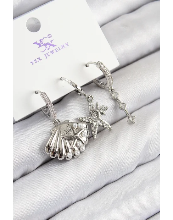 Pirinç Zirkon Taşlı 3lü Yıldız Ve İstiridye Model Gümüş Renk Kadın Küpe