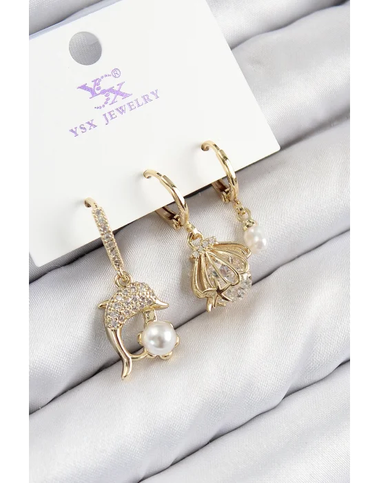 Pirinç Zirkon Taşlı 3lü Yunus Balığı Ve İstiridye Model Gold Renk Kadın Küpe