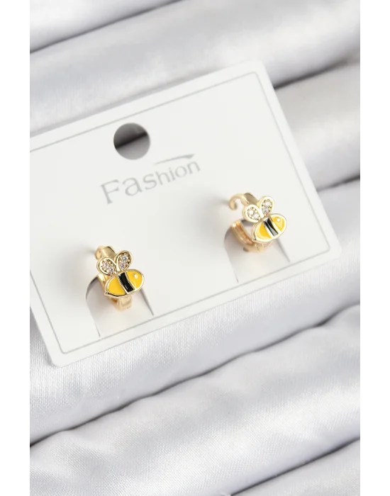 Pirinç Zirkon Taşlı Arı Model Gold Renk Çocuk Küpe