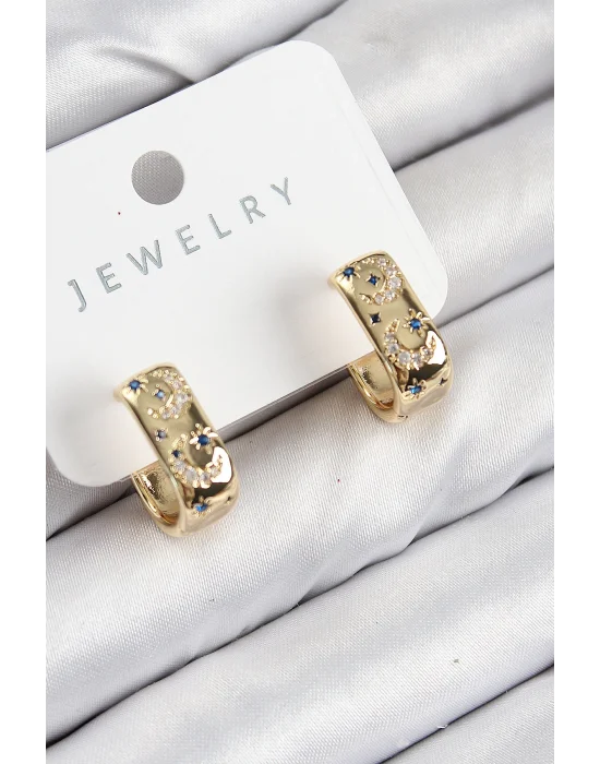 Pirinç Zirkon Taşlı Ay Desenli Model Gold Renk Kadın Küpe