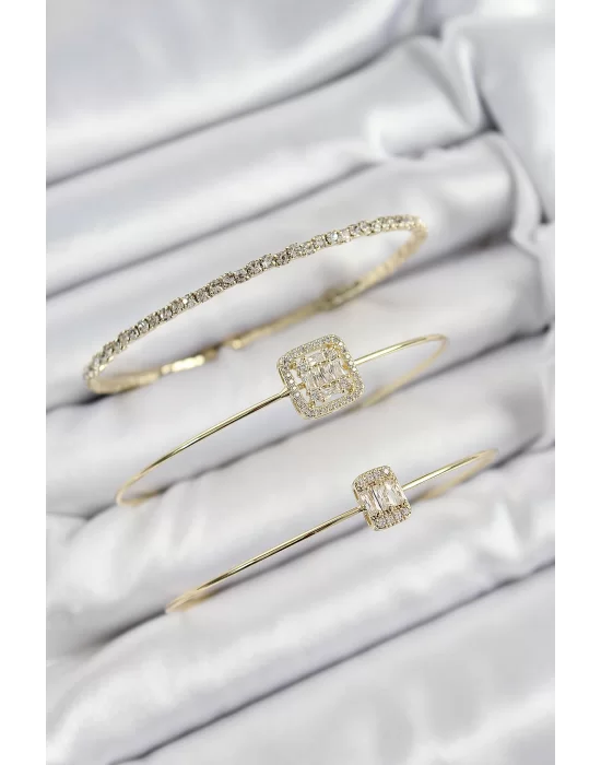 Pirinç Zirkon Taşlı Baget Model Gold Renk Vip 3lü Kadın Bileklik