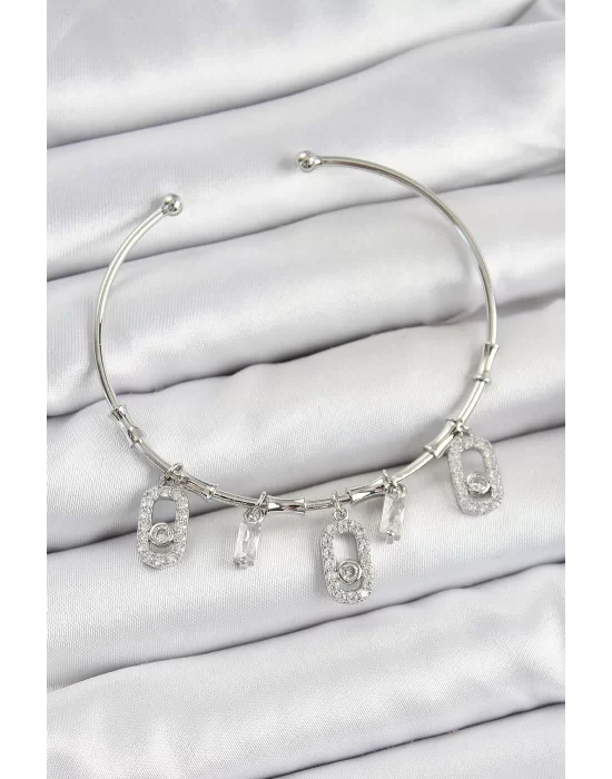 Pirinç Zirkon Taşlı Dikdörtgen Model Gümüş Renk Charm Bileklik