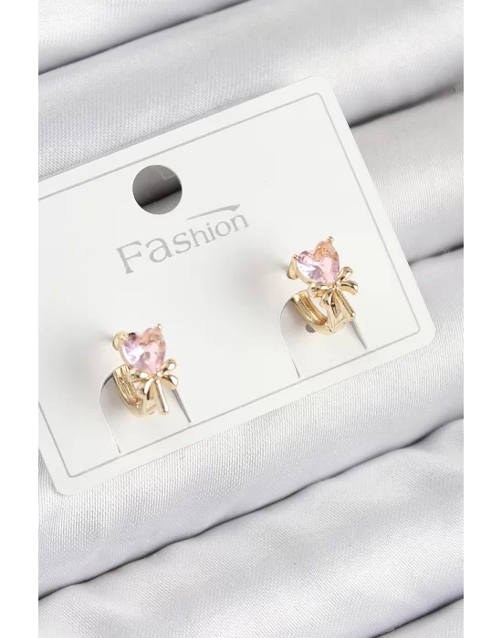 Pirinç Zirkon Taşlı Fiyonklu Kalp Model Gold Renk Çocuk Küpe