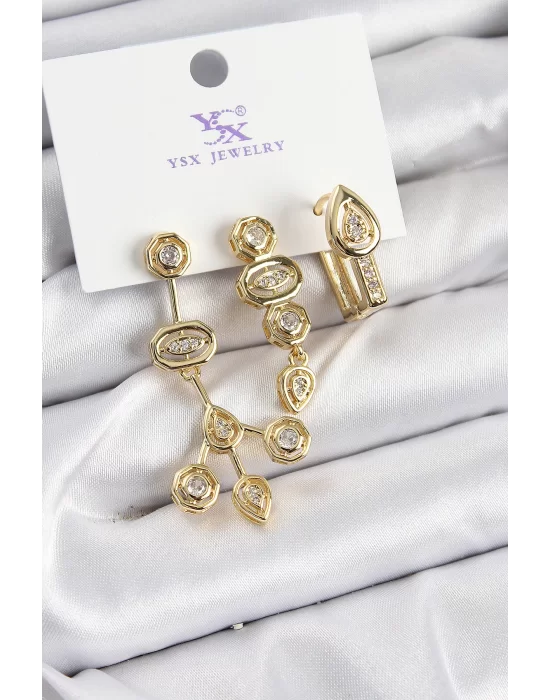 Pirinç Zİrkon Taşlı Geometrik Model Gold Renk 3lü Kadın Küpe