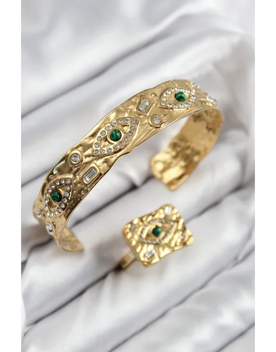 Pirinç Zirkon Taşlı Göz Model Gold Renk Bileklik Yüzük Set