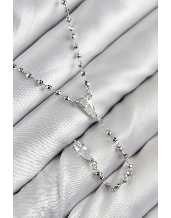 Pirinç Zirkon Taşlı Gümüş Renk Kadın Y Kolye