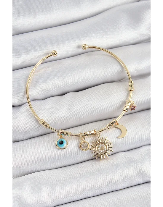 Pirinç Zirkon Taşlı Güneş Ay Nazar Model Gold Renk Charm Bileklik