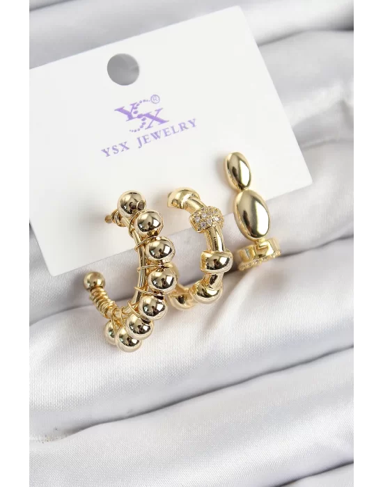 Pirinç Zİrkon Taşlı Halka Model Gold Renk 3lü Kadın Küpe