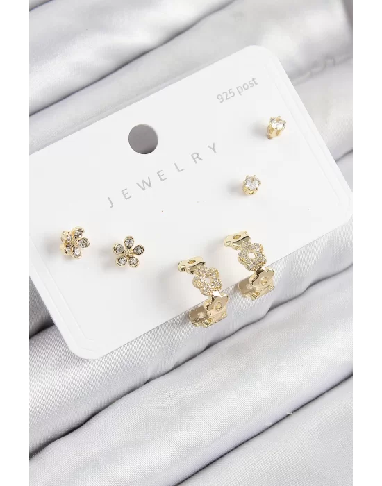 Pirinç Zirkon Taşlı Halka Model Gold Renk 925 Ayar Gümüş Çivi Kadın Küpe Set