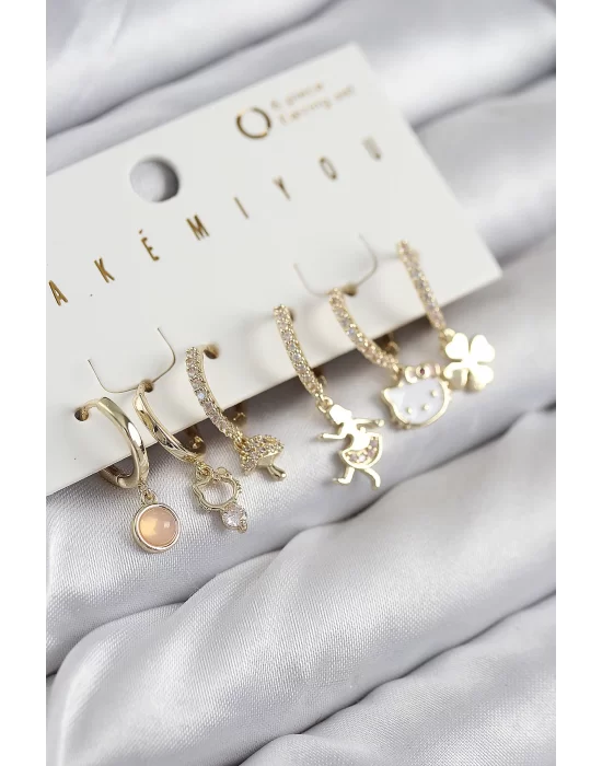 Pirinç Zirkon Taşlı Hello Kity Ve Yonca Model Gold Renk 6lı Küpe Set