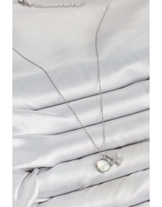 Pirinç Zirkon Taşlı İstiridye Ve Deniz Yıldızı Model Gümüş Renk Kadın Kolye