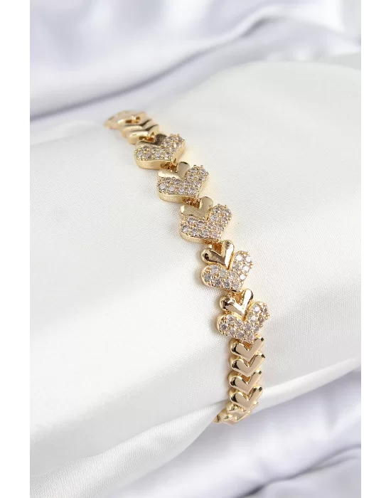 Pirinç Zirkon Taşlı Kalp Model Gold Renk Kadın Bileklik