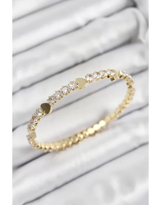 Pirinç Zirkon Taşlı Kalp Model Gold Renk Yaylı Kadın Bileklik