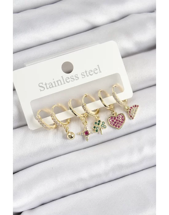 Pirinç Zirkon Taşlı Karpuz Yonca Kalp Pusula Karışık Model Gold Renk 6lı Set Kadın Küpe