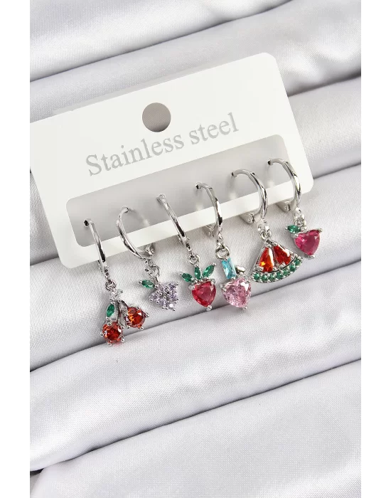Pirinç Zirkon Taşlı Karpuz Yonca Kalp Pusula Karışık Model Gümüş Renk 6lı Set Kadın Küpe