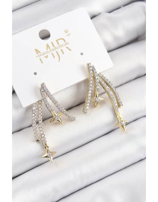 Pirinç Zirkon Taşlı Kayan Yıldız Model Gold Ve Gümüş Renk Kadın Küpe