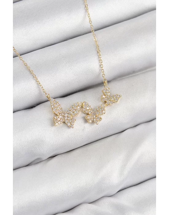 Pirinç Zirkon Taşlı Kelebek Model Gold Renk Kadın Kolye
