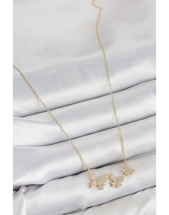Pirinç Zirkon Taşlı Kelebek Model Gold Renk Kadın Kolye