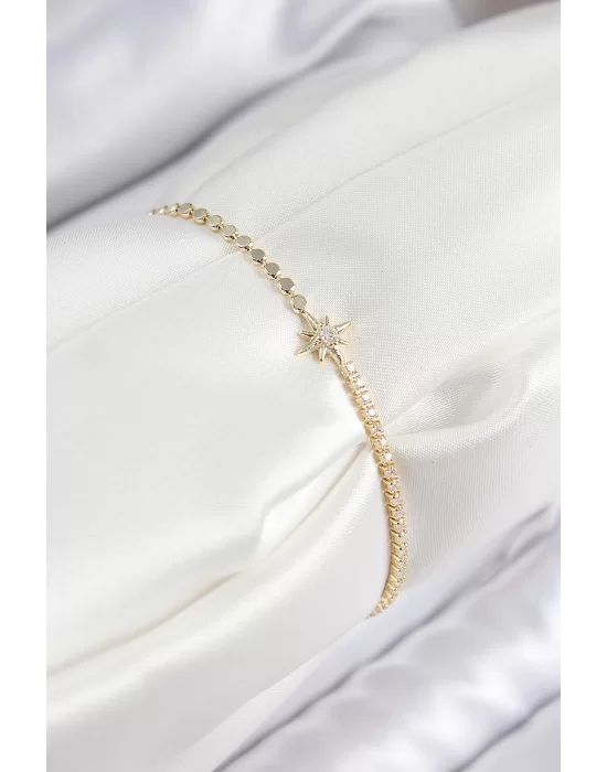Pirinç Zirkon Taşlı Kutup Yıldızı Model Ezme Zincir Gold Renk Kadın Bileklik
