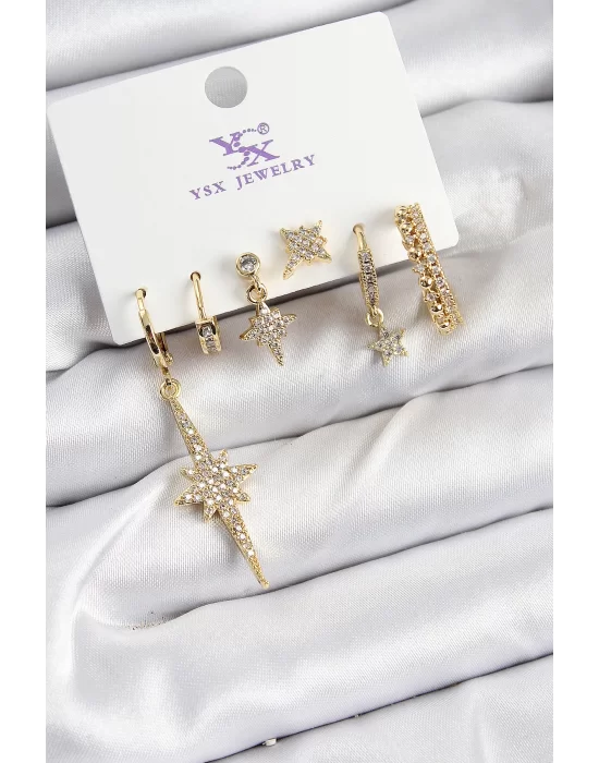 Pirinç Zİrkon Taşlı Kutup Yıldızı Model Gold Renk 3lü Çift Kadın Küpe