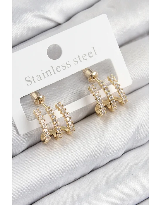 Pirinç Zirkon Taşlı Model Gold Renk Kadın Küpe