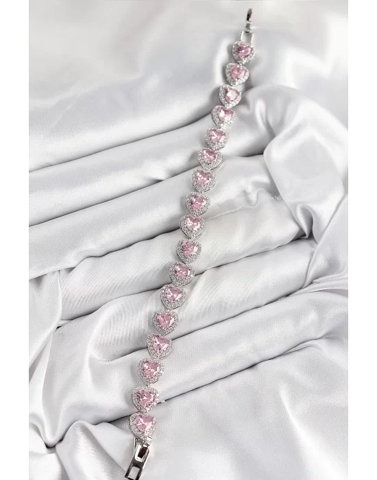 Pirinç Zirkon Taşlı Pembe Kalp Baget Model Gümüş Renk VIP Seri Kadın Bileklik