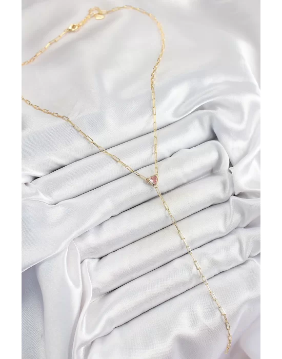 Pirinç Zirkon Taşlı Pembe Kalp Figürlü Y Model Gold Renk Kadın Kolye
