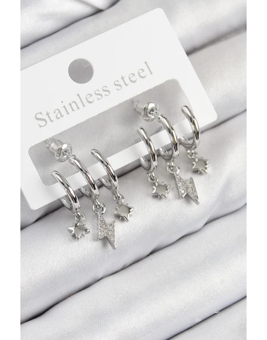 Pirinç Zirkon Taşlı Şimşek Model Gümüş Renk Kadın Küpe