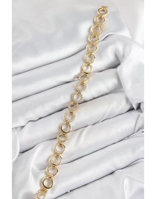 Pirinç Zirkon Taşlı Sıralı Halka Model Gold Renk Kadın Bileklik