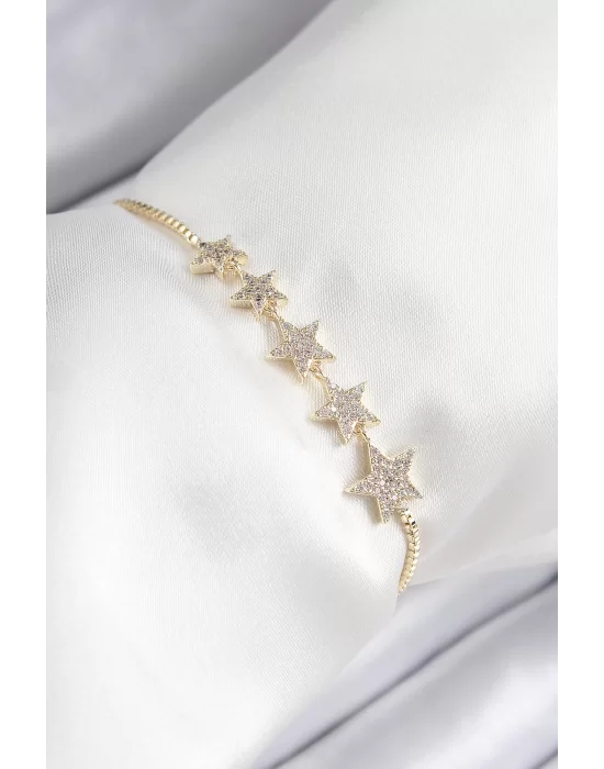 Pirinç Zirkon Taşlı Sıralı Yıldız Model Gold Renk Asansörlü Kadın Bileklik