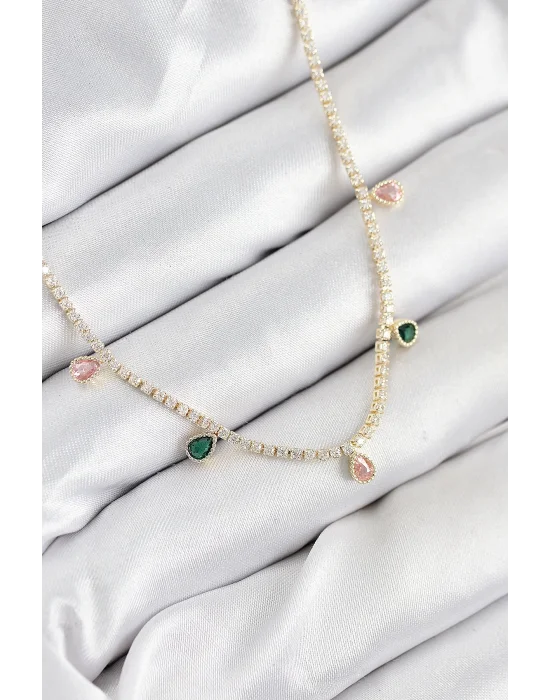 Pirinç Zirkon Taşlı Su Yolu Damla Model Gold Renk Kadın Kolye