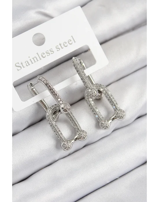 Pirinç Zirkon Taşlı Tifany Model Gümüş Renk Kadın Küpe