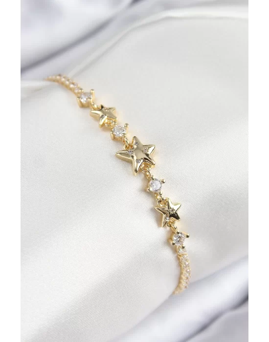 Pirinç Zirkon Taşlı Yıldız Model Gold Renk Kadın Bileklik