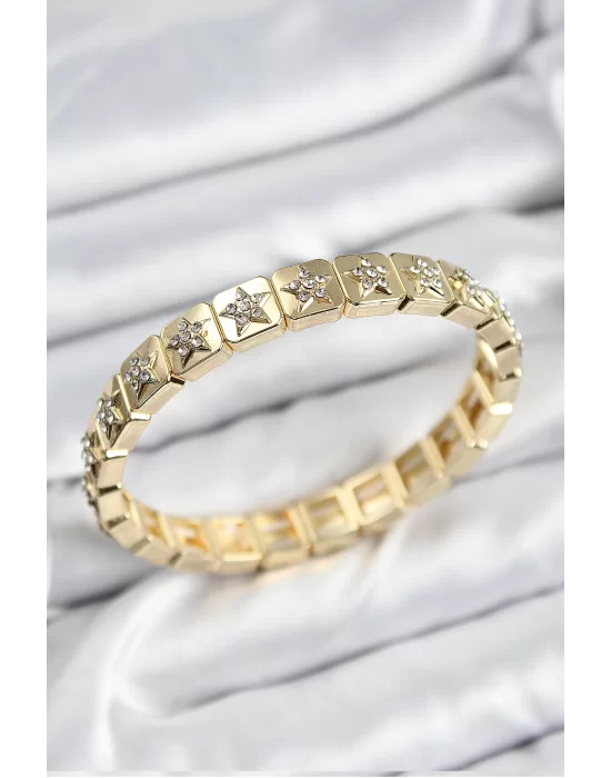Pirinç Zirkon Taşlı Yıldız Model Gold Renk Lastikli Kadın Bileklik