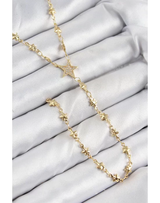 Pirinç Zirkon Taşlı Yıldız Model Gold Renk Y Kolye