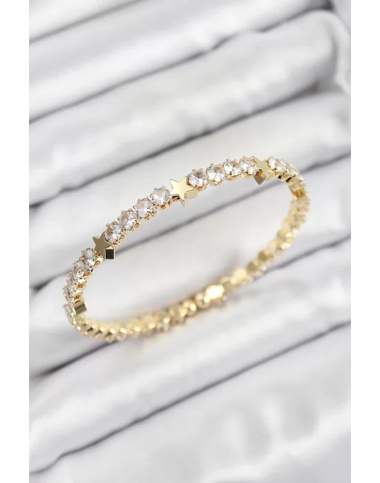 Pirinç Zirkon Taşlı Yıldız Model Gold Renk Yaylı Kadın Bileklik