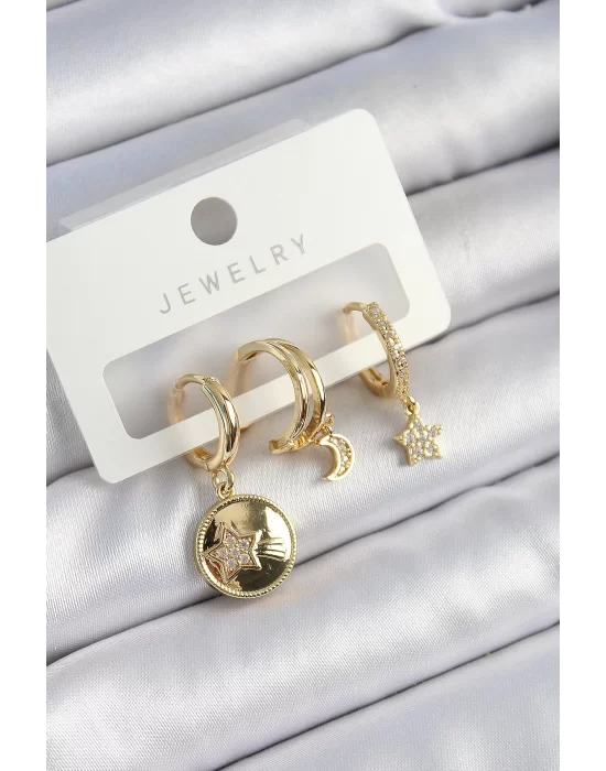 Pirinç Zirkon Taşlı Yıldız Ve Ay Model Gold Renk 3lü Çift Kadın Küpe Set