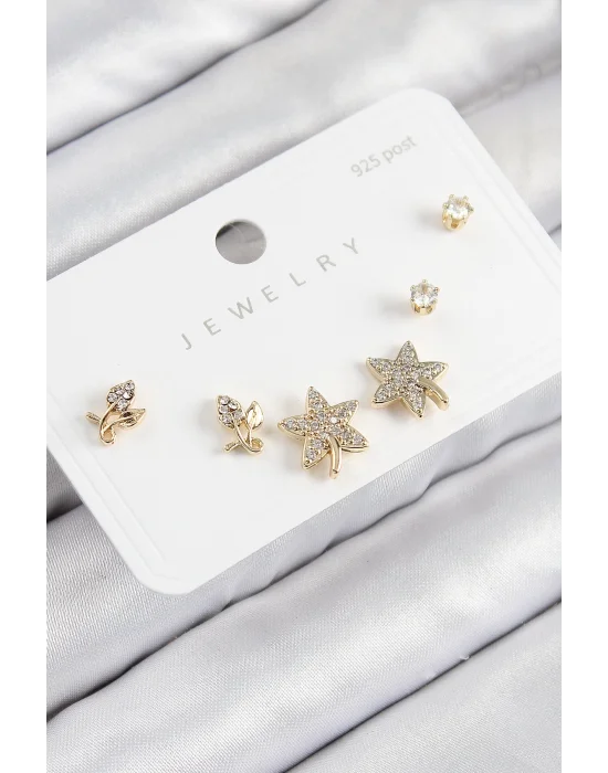 Pirinç Zirkon Taşlı Yıldız Ve Gül Model Gold Renk 925 Ayar Gümüş Çivi Kadın Küpe Set