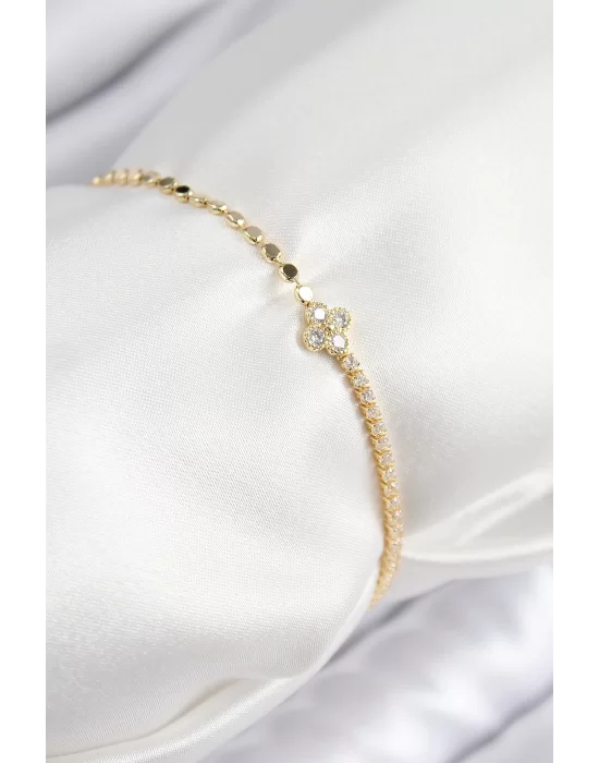 Pirinç Zirkon Taşlı Yonca Model Ezme Zincir Gold Renk Kadın Bileklik