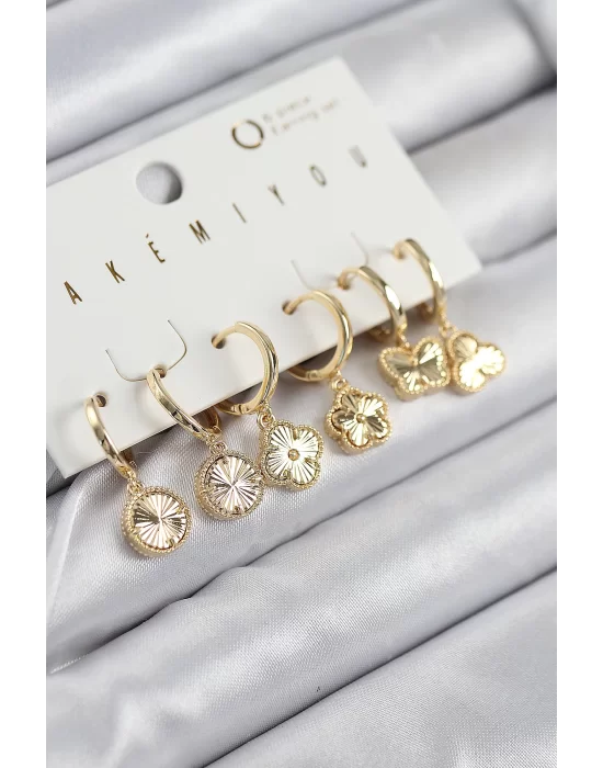Pirinç Zirkon Taşlı Yonca Model Gold Renk 6lı Küpe Set