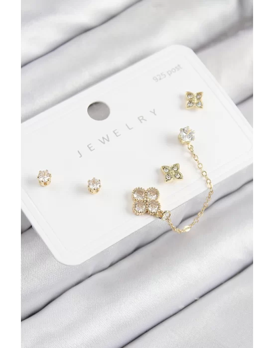 Pirinç Zirkon Taşlı Yonca Model Gold Renk 925 Ayar Gümüş Çivi Kadın Küpe Set
